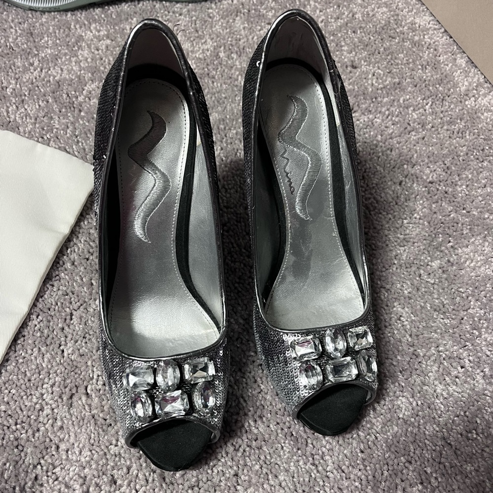 Silver sequin and gem heels